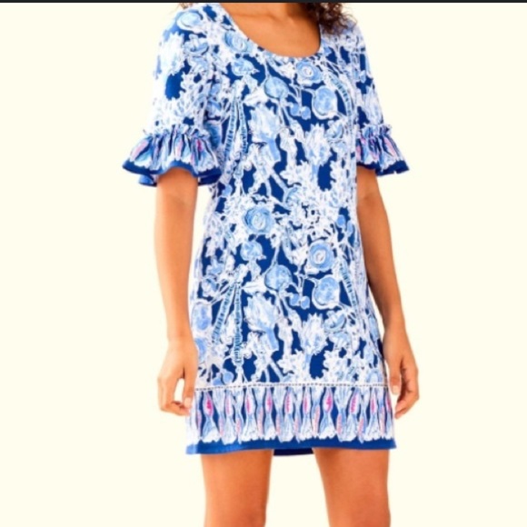 Lilly PulitzerJayden 100% Cotton Blue and White Dress in Pretty Peas Size Medium - Picture 1 of 8